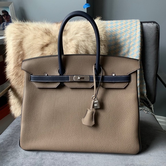 Hermes Handbags - Hermès Birkin 35cm Etope and Blue Marine With Contrasting Stitching VIP SPECIAL